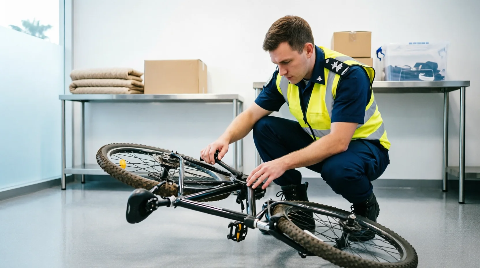 A biosecurity officer examining the underside of a used bicycle inside an Australian inspection bay, checking the tire tread and frame joints under bright, even inspection lighting, the bicycle otherwise clean and well-maintained.