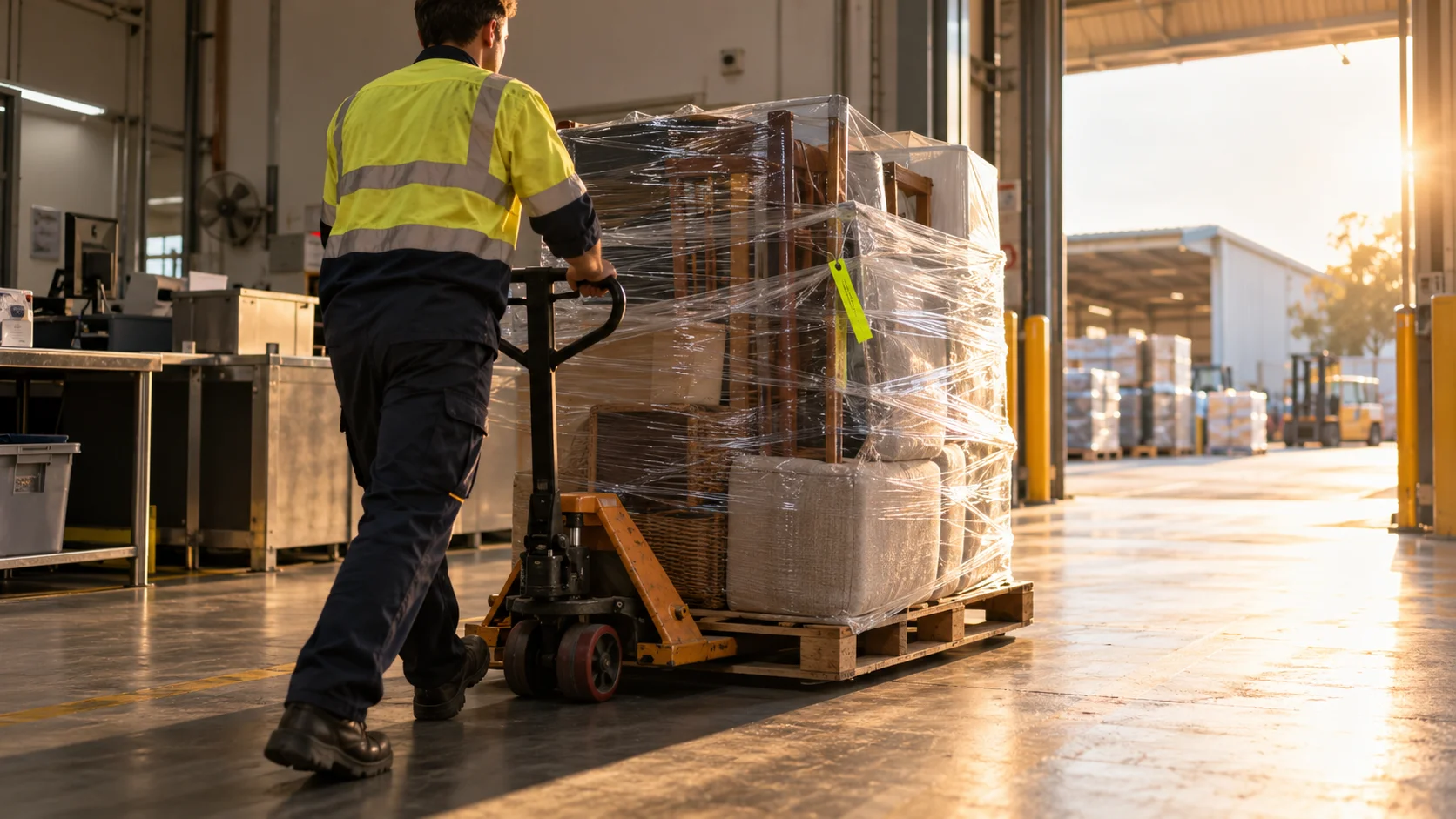 A cleared pallet of used household goods being wheeled out of an Australian biosecurity examination area toward the main warehouse floor, warm afternoon light spilling