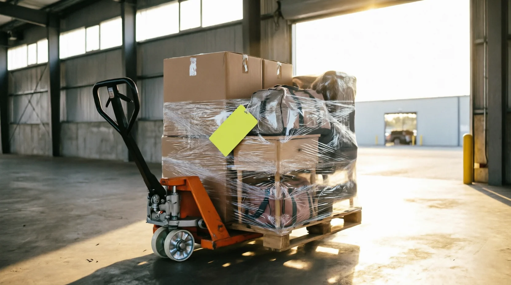 A cleared pallet of used household goods being wheeled out of an Australian biosecurity examination area toward the main warehouse floor, warm afternoon light spilling in from the exit doorway ahead, the pallet still wrapped but visibly tagged as released with the tag angled away and no text...
