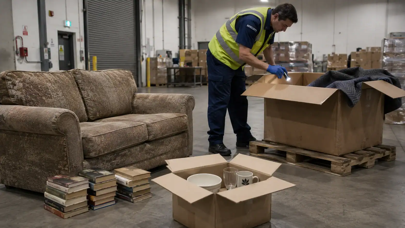 Used household goods (a worn sofa, kitchen items in open cartons, books) being unpacked at a customs warehouse for inspection. Slightly worn aesthetic, documentary feel