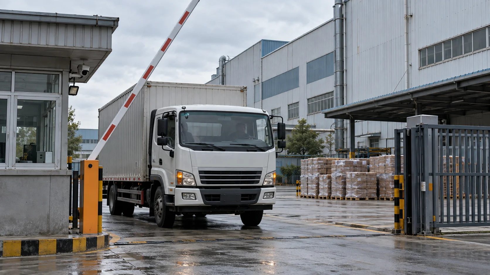 The gated loading entrance of a mid-sized Chinese manufacturing facility, a delivery truck idling as a security barrier arm rests in the raised position, overcast midday