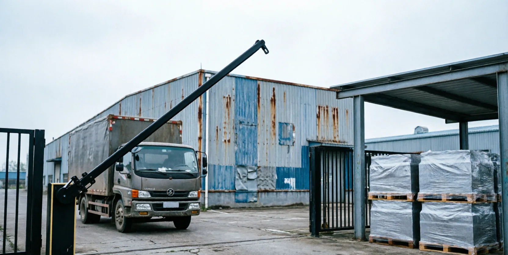 A delivery truck idles under a raised security barrier outside a weathered corrugated-metal factory, with shrink-wrapped pallets stacked under a canopy.