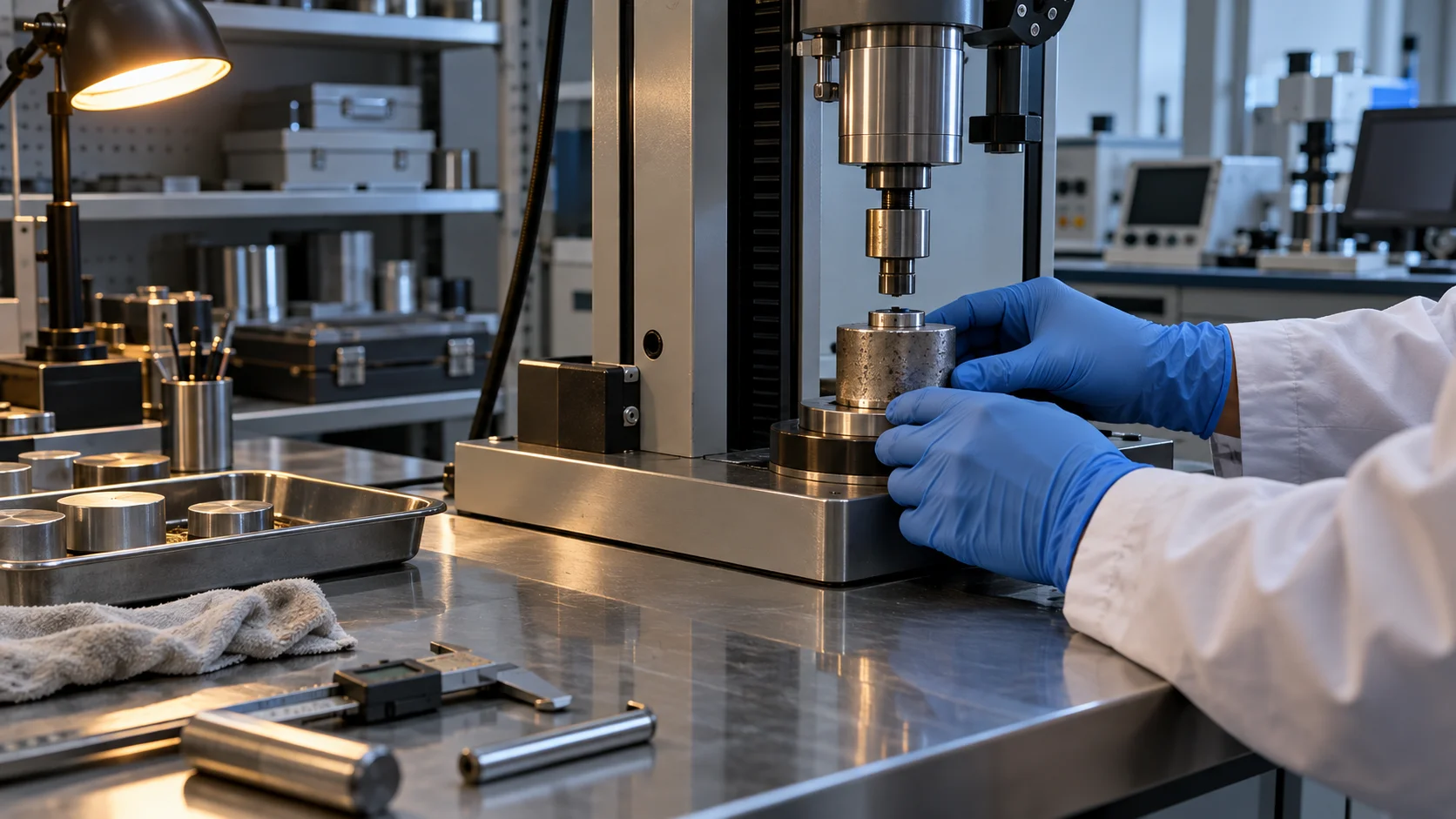 Inside a third-party testing laboratory, a technician's gloved hands position a product sample beneath a calibrated testing rig, the equipment's small displays angled