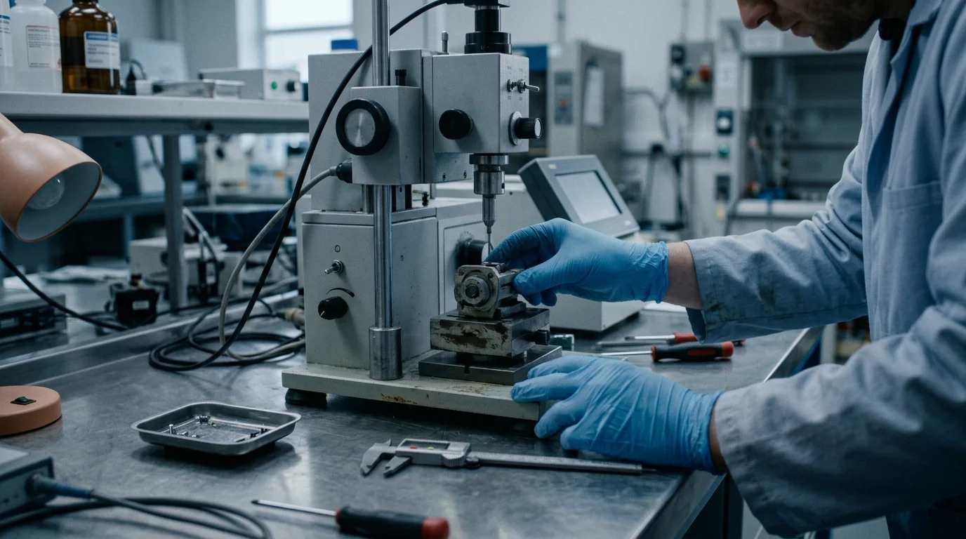 A gloved lab technician positions a small metal part under a testing rig, calipers and tools laid out on the bench.