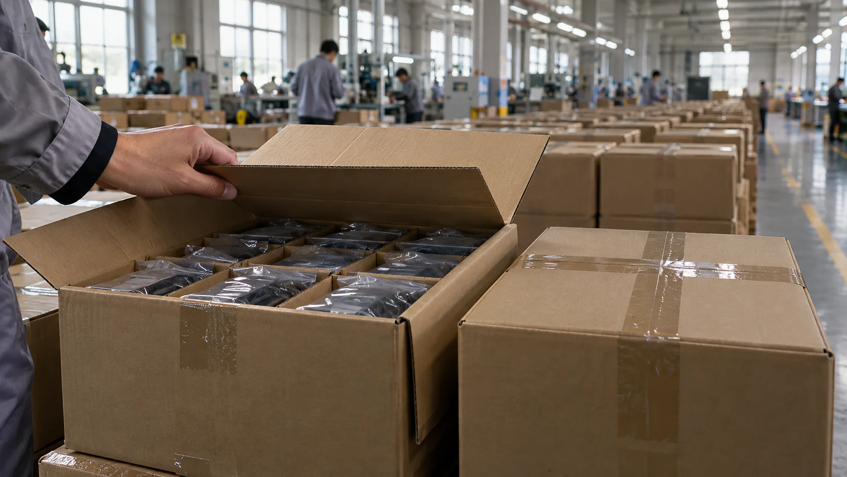 A worker opens a carton of individually wrapped components on a pallet, with rows of sealed boxes and a busy factory floor behind.