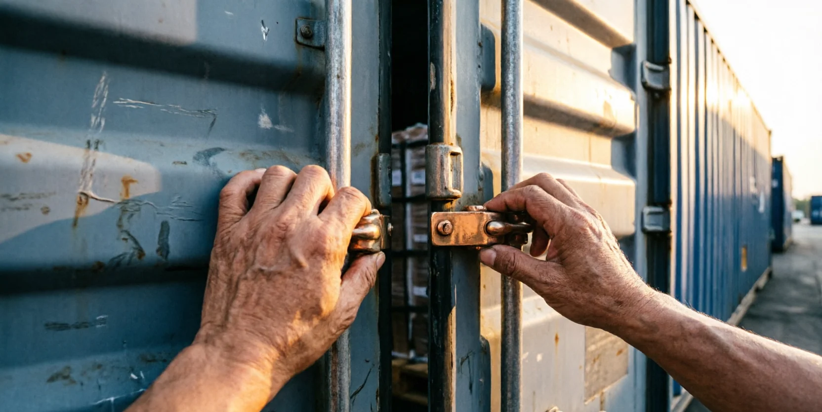 Two weathered hands fasten the latch on a blue shipping container's doors in warm late-afternoon light, cargo visible inside.