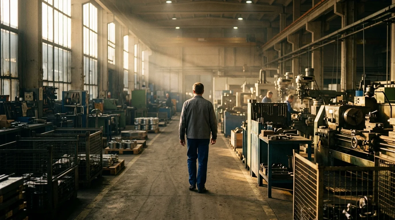 Seen from behind, a person in plain clothes walks an aisle of a sunlit factory floor as machinery runs in the background.