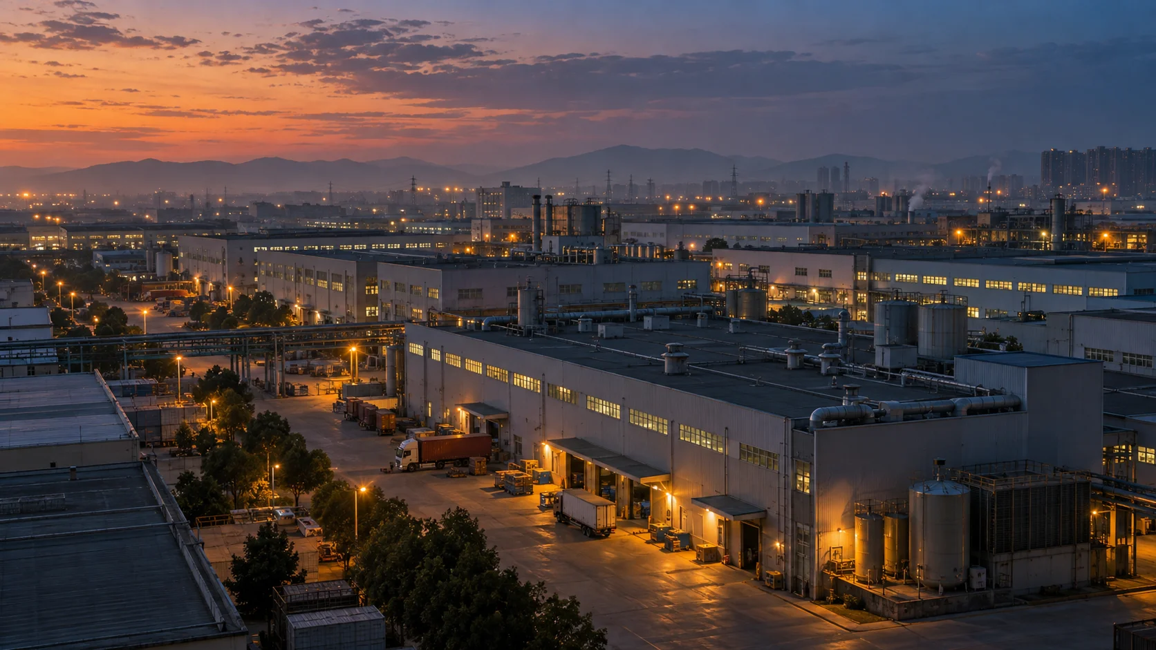 An elevated dusk view over an industrial park shows lit factory buildings, loading docks, and parked trucks against a fading orange sky.