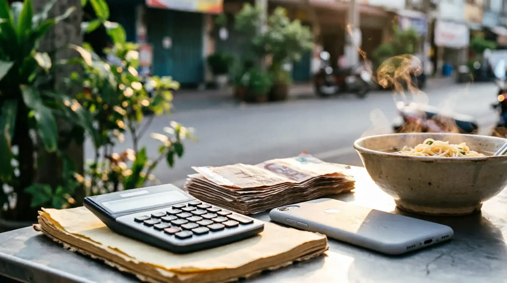 Calculatrice, billets de baht thailandais, telephone et bol de nouilles fumantes sur une table de rue, illustrant le budget quotidien reel pour vivre en Thailande