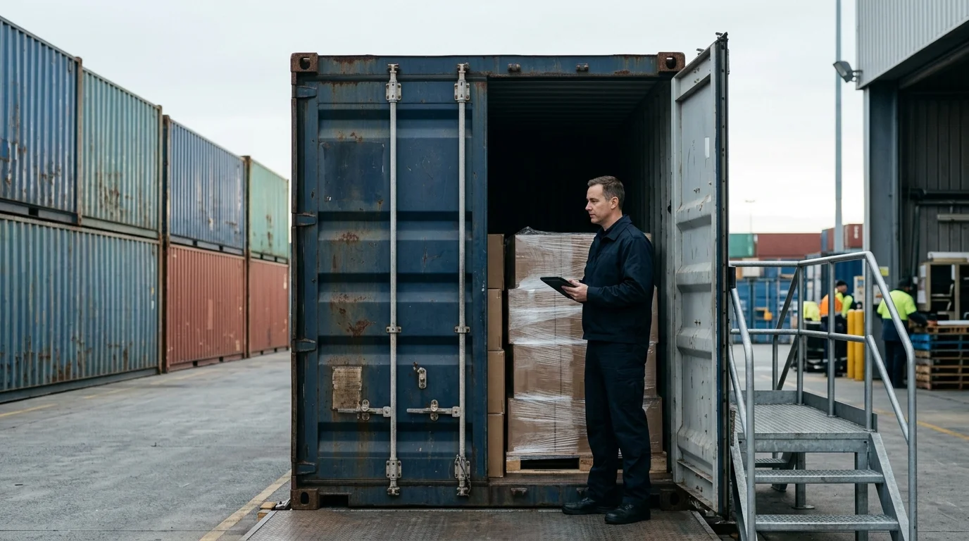 A shipping container's doors swinging open at an Australian customs examination bay, morning light spilling into the container's interior revealing neatly stacked