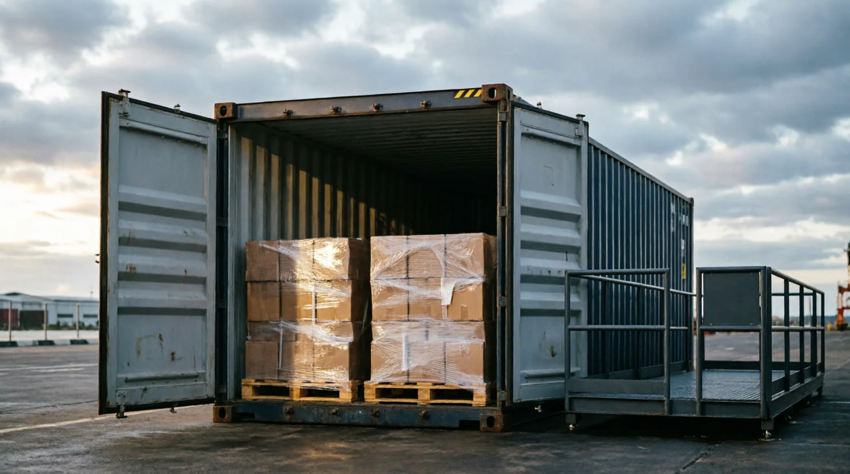 A shipping container's doors swinging open at an Australian customs examination bay.