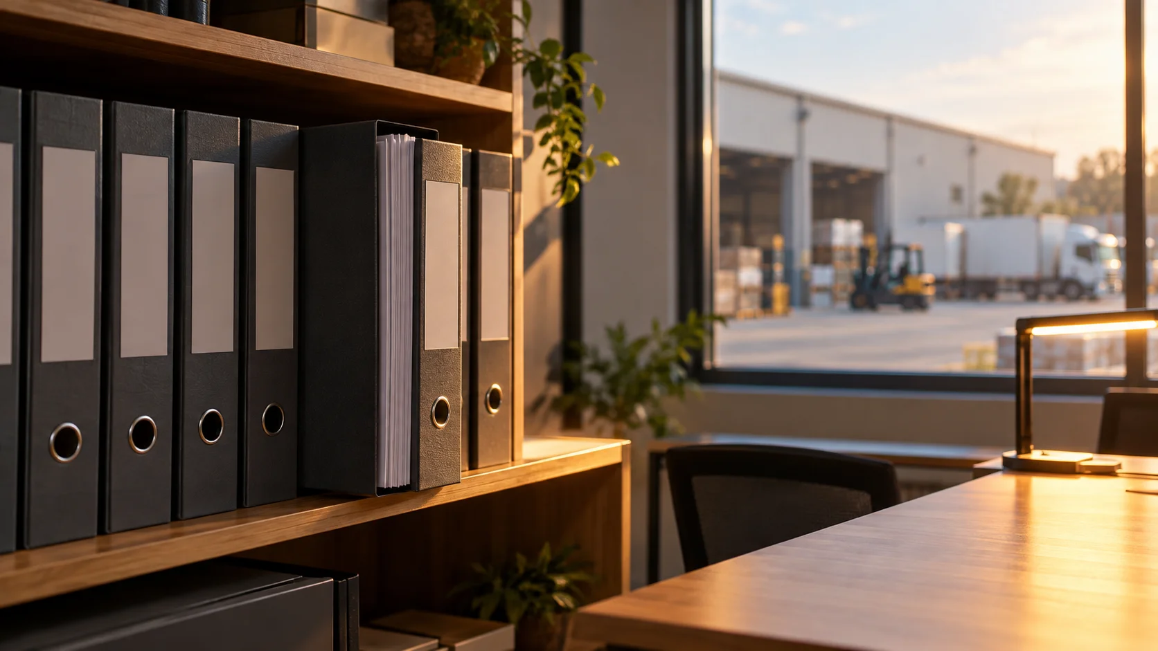 A customs broker's office bookshelf holding plain binders, one noticeably thicker and pulled forward