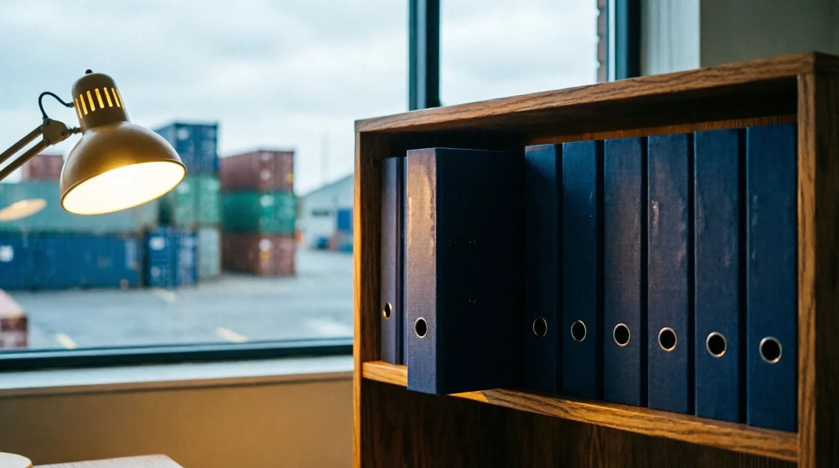 A customs broker's office bookshelf holding a row of identical plain binders, one binder noticeably thicker than the others and slightly pulled forward.