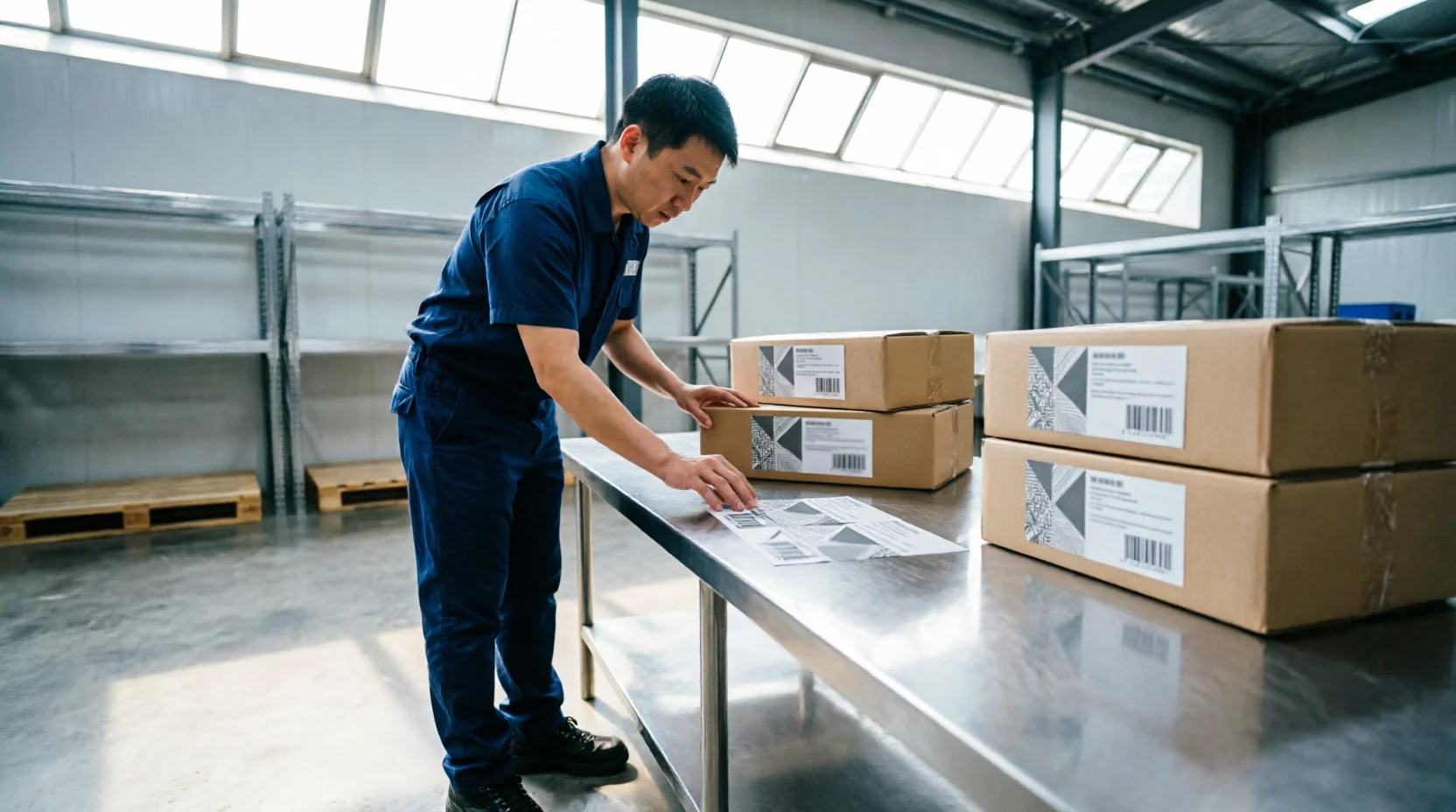 A warehouse quality-assurance area where a staff member checks a shipment's packing against a reference sample laid out on a clean bench, natural skylight.