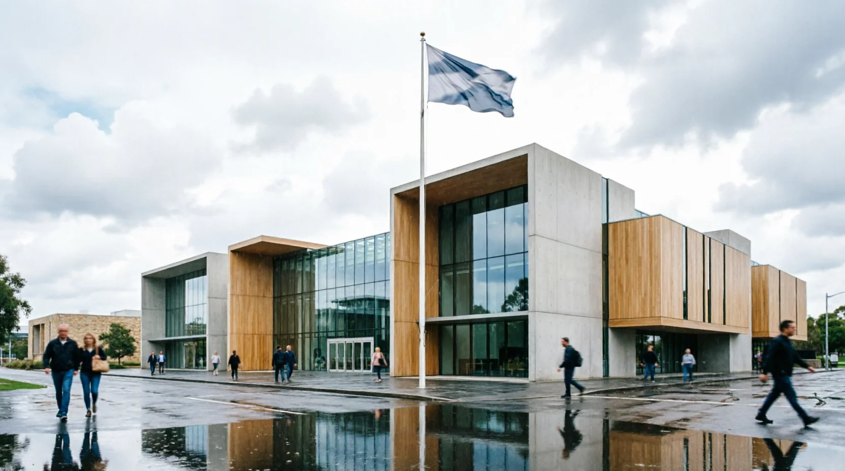 The exterior facade of a modern Australian government office building at midday, clean architectural lines and a flagpole visible without a readable flag.